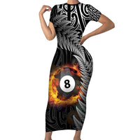 Personalised New Zealand Billiards Family Matching Short Sleeve Bodycon Dress and Hawaiian Shirt Maori Fern On Fire 8 Ball LT14 Mom's Dress Black - Polynesian Pride