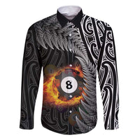 Personalised New Zealand Billiards Family Matching Summer Maxi Dress and Hawaiian Shirt Maori Fern On Fire 8 Ball LT14 Dad's Shirt - Long Sleeve Black - Polynesian Pride