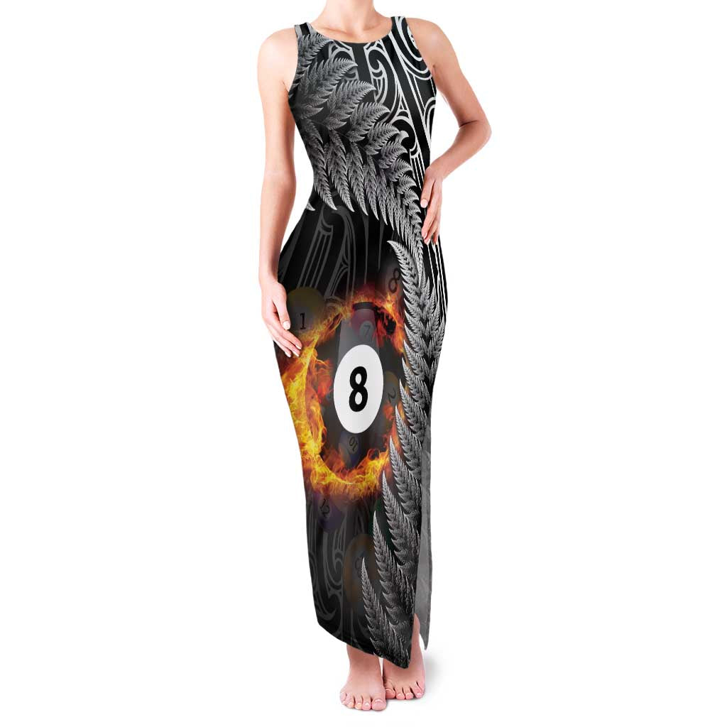 Personalised New Zealand Billiards Family Matching Tank Maxi Dress and Hawaiian Shirt Maori Fern On Fire 8 Ball LT14 Mom's Dress Black - Polynesian Pride