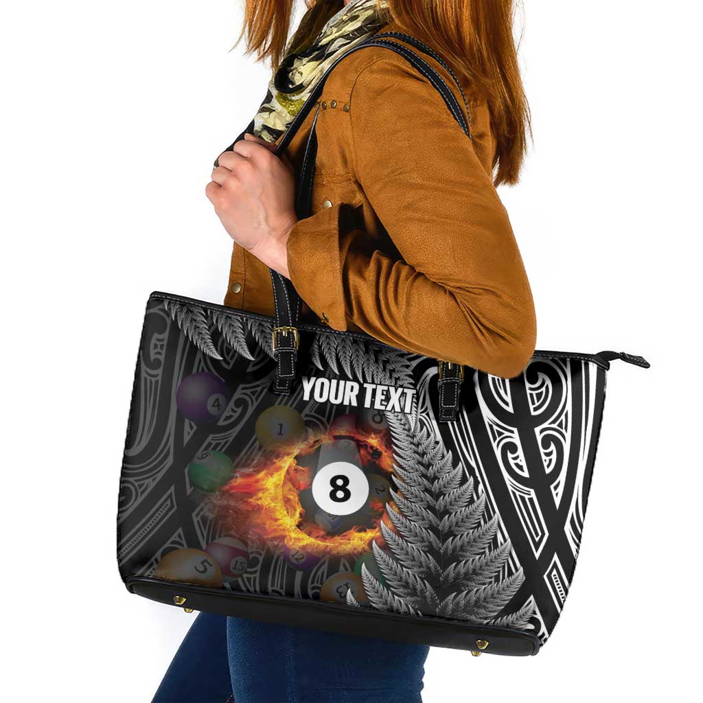 Personalised New Zealand Billiards Leather Tote Bag Maori Fern On Fire 8 Ball - Polynesian Pride