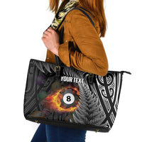 Personalised New Zealand Billiards Leather Tote Bag Maori Fern On Fire 8 Ball - Polynesian Pride