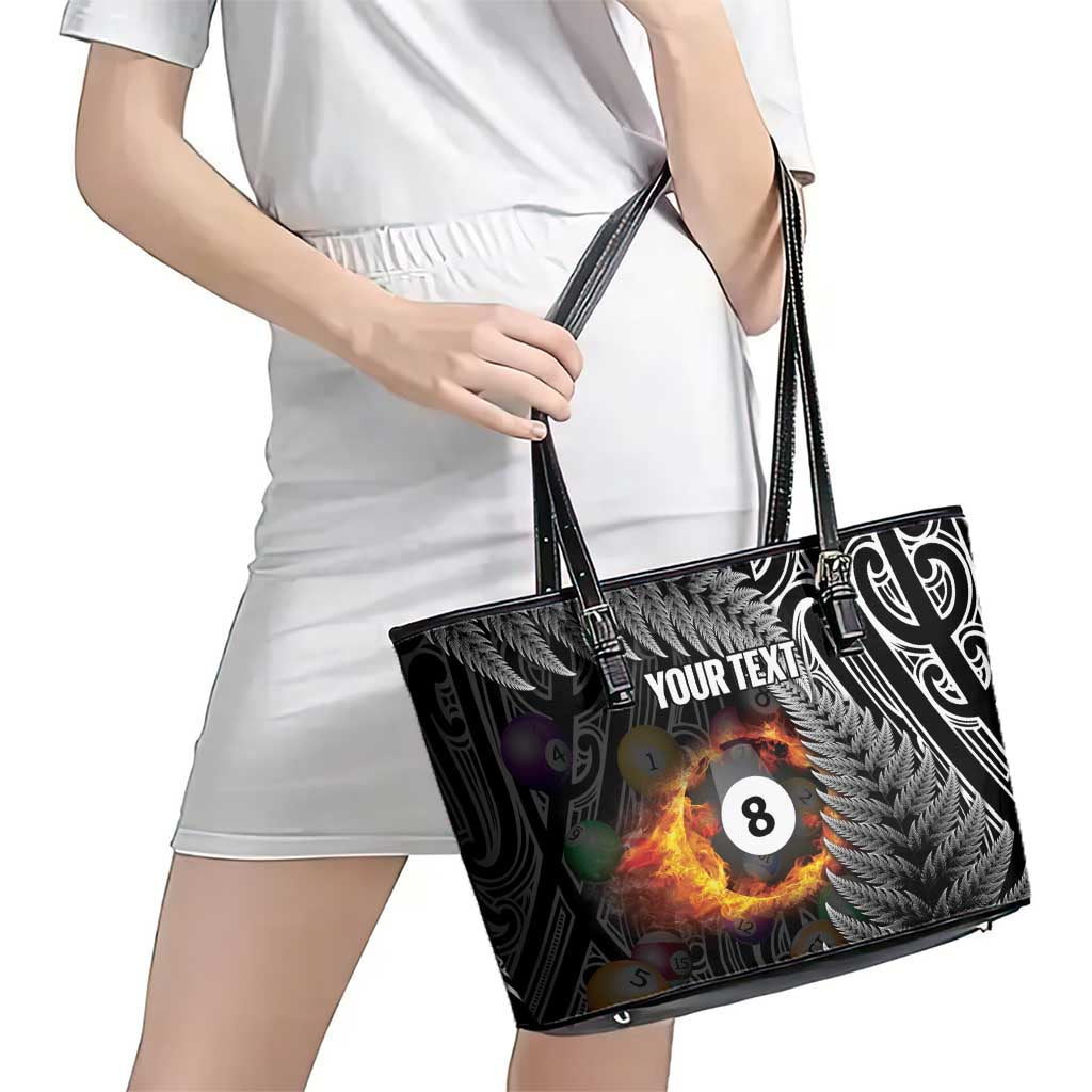 Personalised New Zealand Billiards Leather Tote Bag Maori Fern On Fire 8 Ball - Polynesian Pride