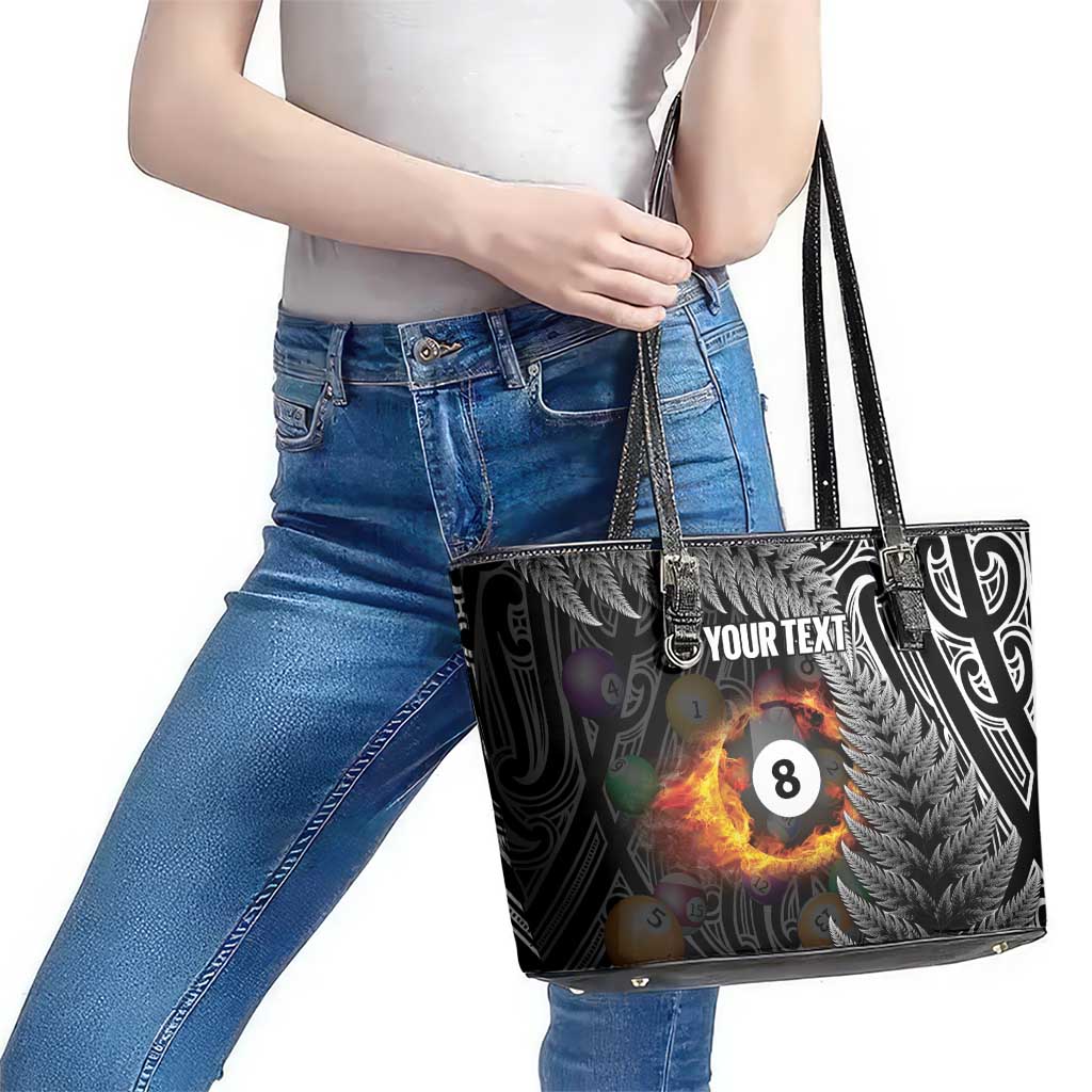 Personalised New Zealand Billiards Leather Tote Bag Maori Fern On Fire 8 Ball - Polynesian Pride