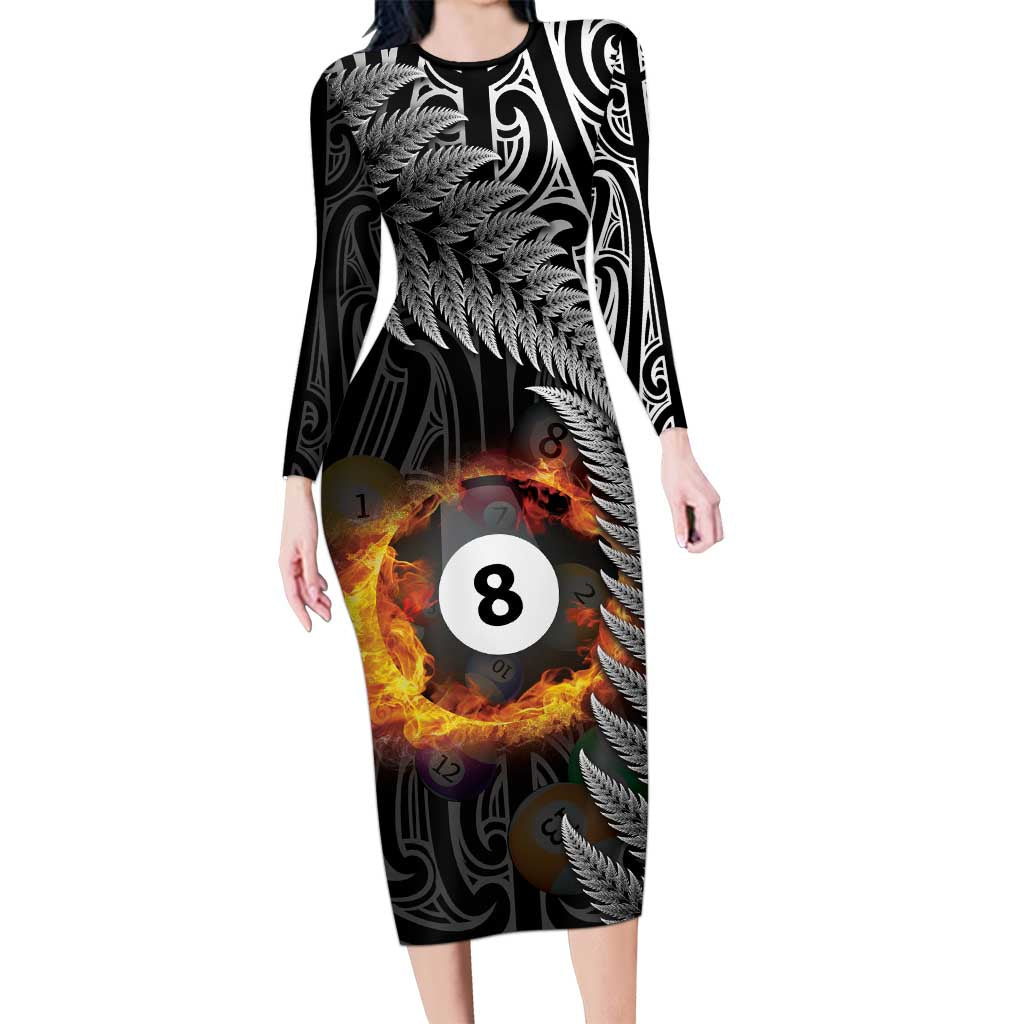 Personalised New Zealand Billiards Long Sleeve Bodycon Dress Maori Fern On Fire 8 Ball LT14 Long Dress Black - Polynesian Pride