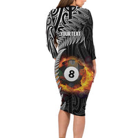 Personalised New Zealand Billiards Long Sleeve Bodycon Dress Maori Fern On Fire 8 Ball LT14 - Polynesian Pride
