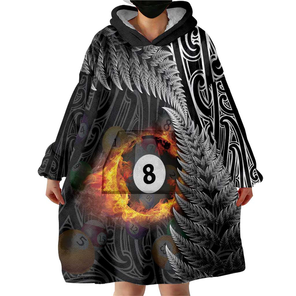 Personalised New Zealand Billiards Wearable Blanket Hoodie Maori Fern On Fire 8 Ball LT14 - Polynesian Pride
