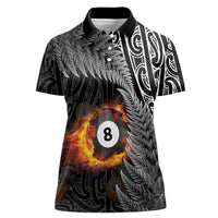 Personalised New Zealand Billiards Women Polo Shirt Maori Fern On Fire 8 Ball LT14 Female Black - Polynesian Pride
