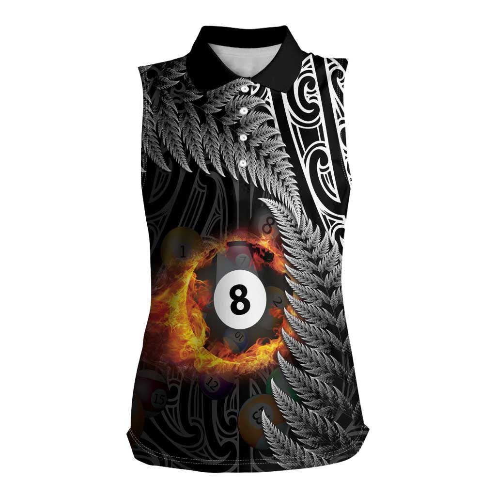 Personalised New Zealand Billiards Women Sleeveless Polo Shirt Maori Fern On Fire 8 Ball LT14 Female Black - Polynesian Pride