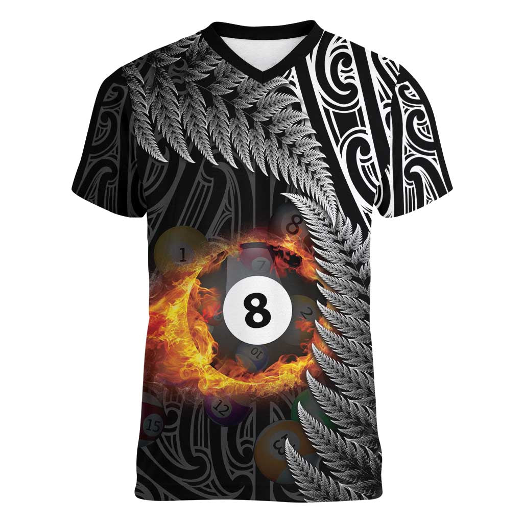 Personalised New Zealand Billiards Women V-Neck T-Shirt Maori Fern On Fire 8 Ball LT14 Female Black - Polynesian Pride