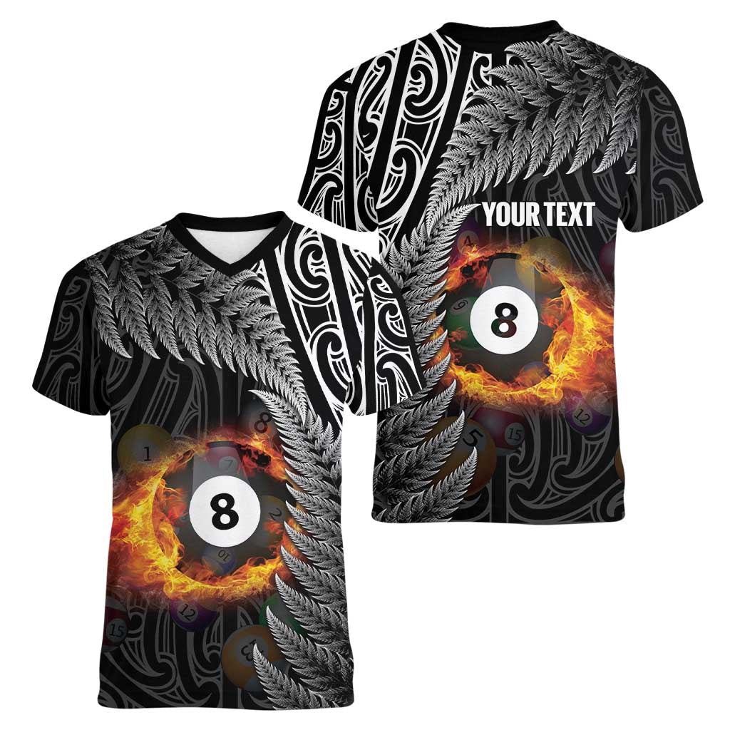 Personalised New Zealand Billiards Women V-Neck T-Shirt Maori Fern On Fire 8 Ball LT14 - Polynesian Pride
