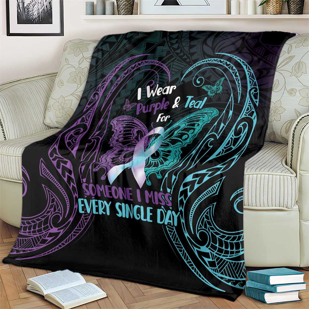 Suicide Awareness Memorial Blanket I Wear Purple and Teal For Someone I Miss - Polynesian Pride