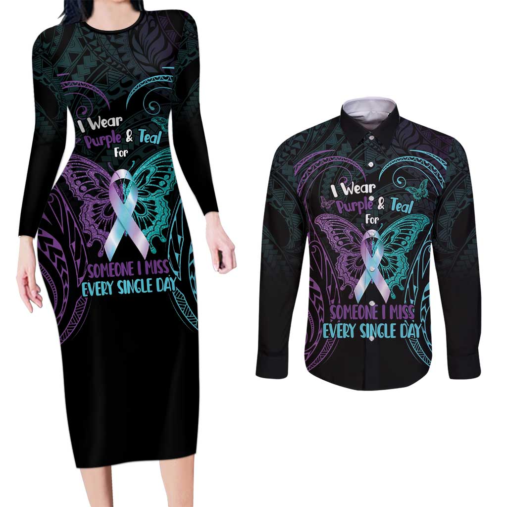 Suicide Awareness Memorial Couples Matching Long Sleeve Bodycon Dress and Long Sleeve Button Shirt I Wear Purple and Teal For Someone I Miss LT14 Black - Polynesian Pride