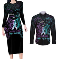 Suicide Awareness Memorial Couples Matching Long Sleeve Bodycon Dress and Long Sleeve Button Shirt I Wear Purple and Teal For Someone I Miss LT14 Black - Polynesian Pride