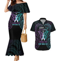 Suicide Awareness Memorial Couples Matching Mermaid Dress and Hawaiian Shirt I Wear Purple and Teal For Someone I Miss LT14 Black - Polynesian Pride