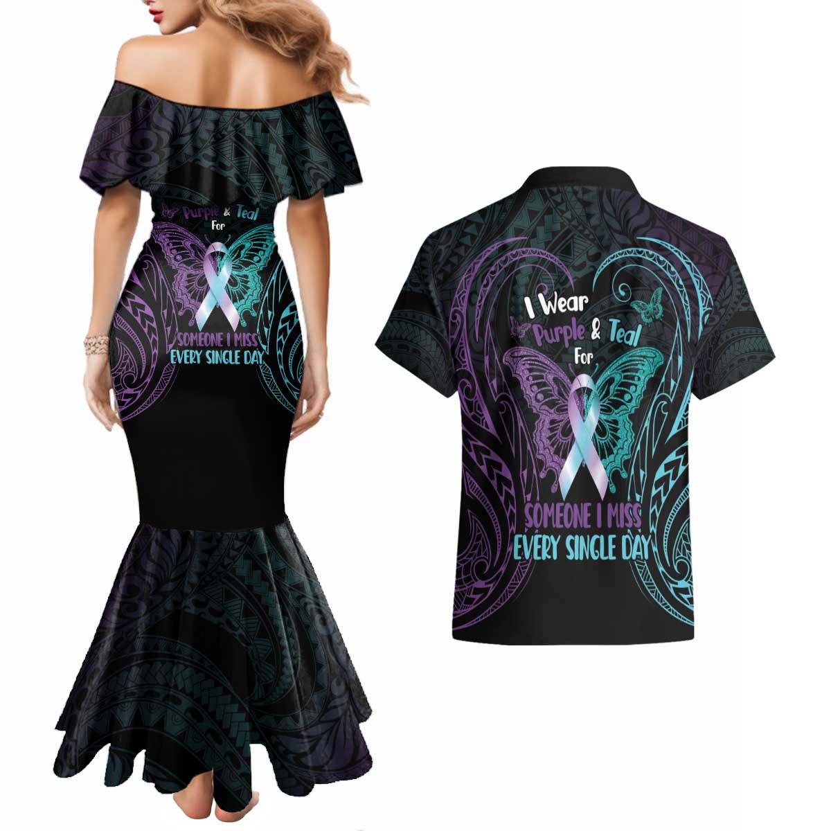 Suicide Awareness Memorial Couples Matching Mermaid Dress and Hawaiian Shirt I Wear Purple and Teal For Someone I Miss LT14 - Polynesian Pride
