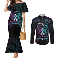 Suicide Awareness Memorial Couples Matching Mermaid Dress and Long Sleeve Button Shirt I Wear Purple and Teal For Someone I Miss LT14 Black - Polynesian Pride