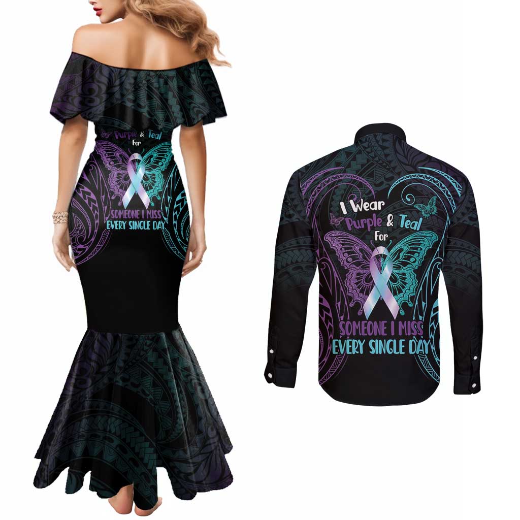 Suicide Awareness Memorial Couples Matching Mermaid Dress and Long Sleeve Button Shirt I Wear Purple and Teal For Someone I Miss LT14 - Polynesian Pride