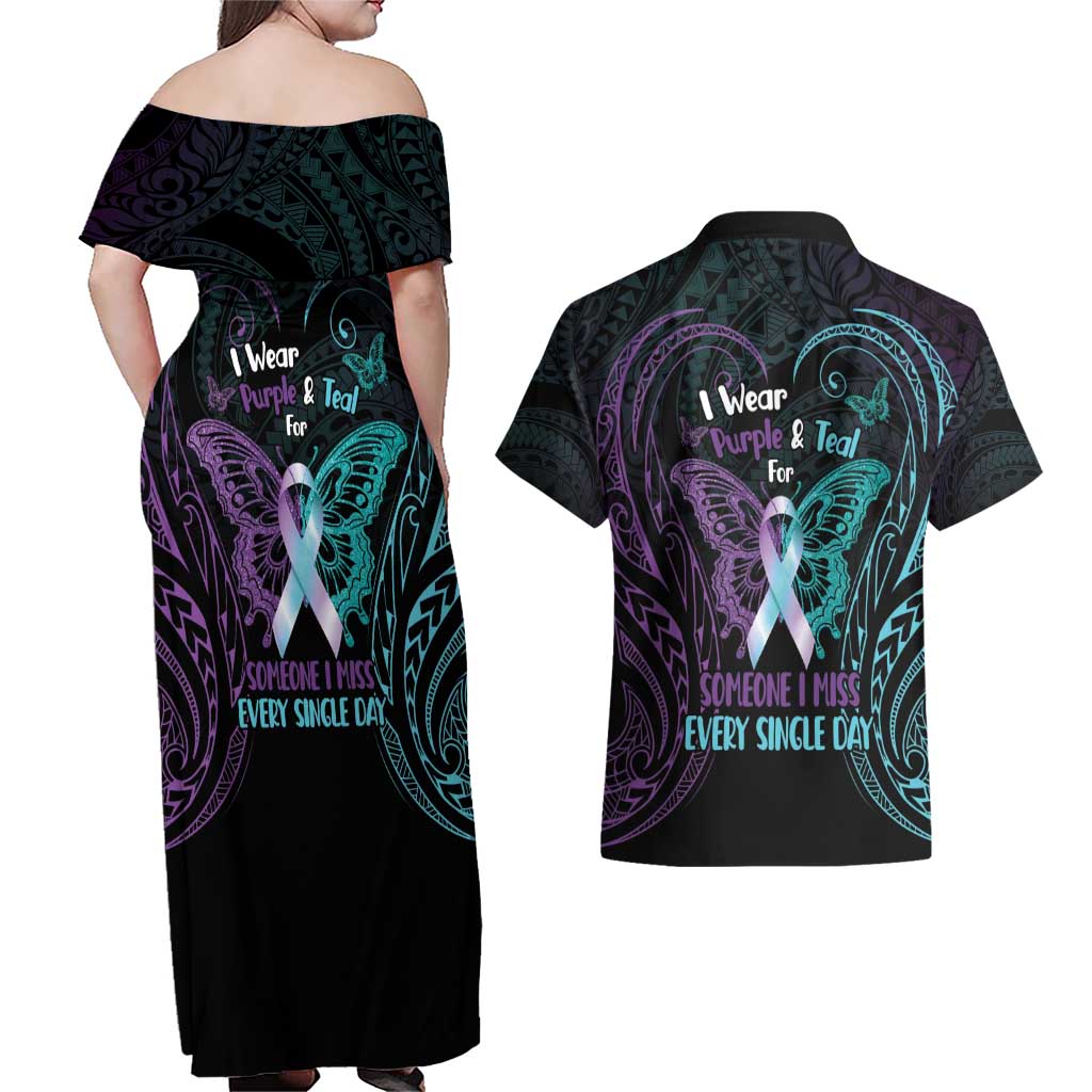 Suicide Awareness Memorial Couples Matching Off Shoulder Maxi Dress and Hawaiian Shirt I Wear Purple and Teal For Someone I Miss LT14 - Polynesian Pride