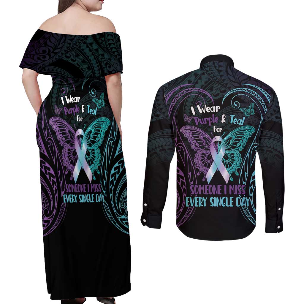 Suicide Awareness Memorial Couples Matching Off Shoulder Maxi Dress and Long Sleeve Button Shirt I Wear Purple and Teal For Someone I Miss LT14 - Polynesian Pride