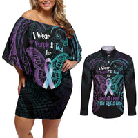 Suicide Awareness Memorial Couples Matching Off Shoulder Short Dress and Long Sleeve Button Shirt I Wear Purple and Teal For Someone I Miss LT14 Black - Polynesian Pride