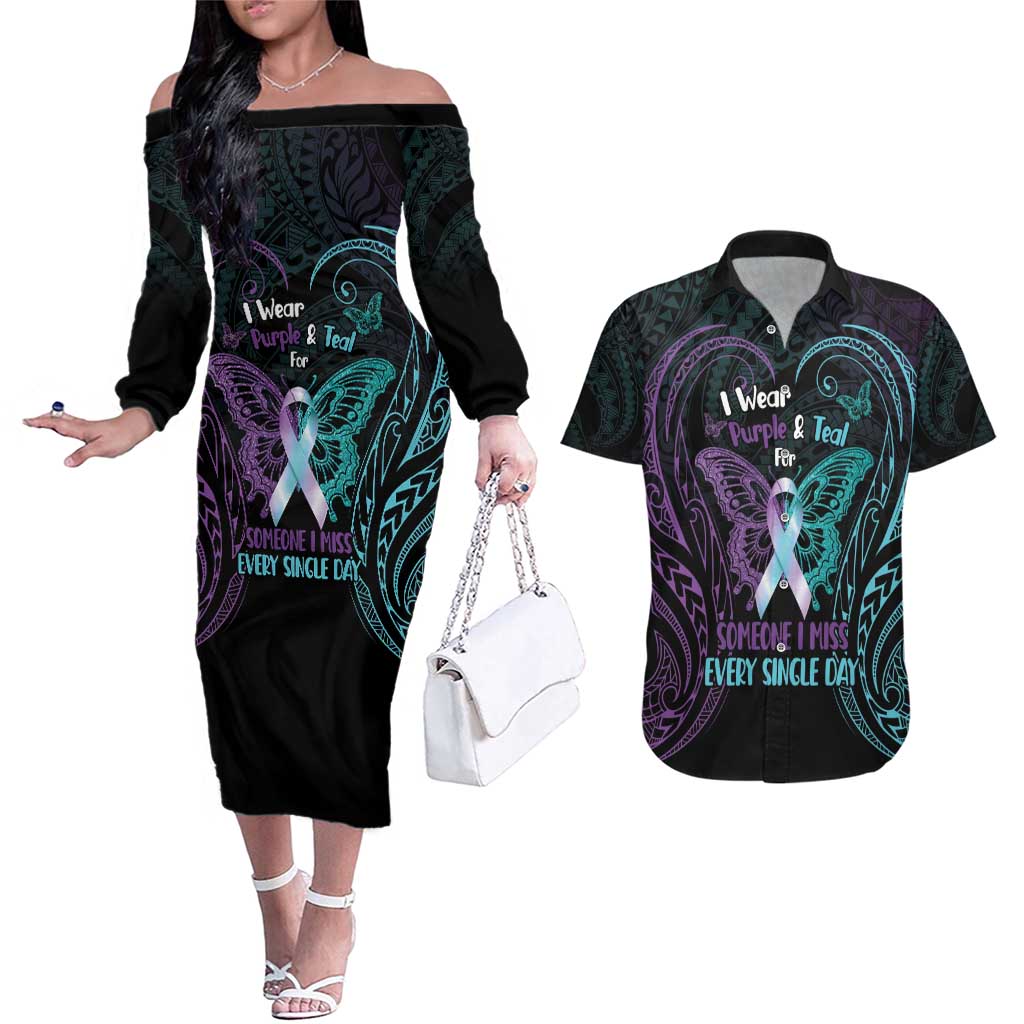 Suicide Awareness Memorial Couples Matching Off The Shoulder Long Sleeve Dress and Hawaiian Shirt I Wear Purple and Teal For Someone I Miss LT14 Black - Polynesian Pride