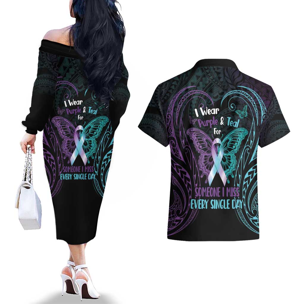 Suicide Awareness Memorial Couples Matching Off The Shoulder Long Sleeve Dress and Hawaiian Shirt I Wear Purple and Teal For Someone I Miss LT14 - Polynesian Pride