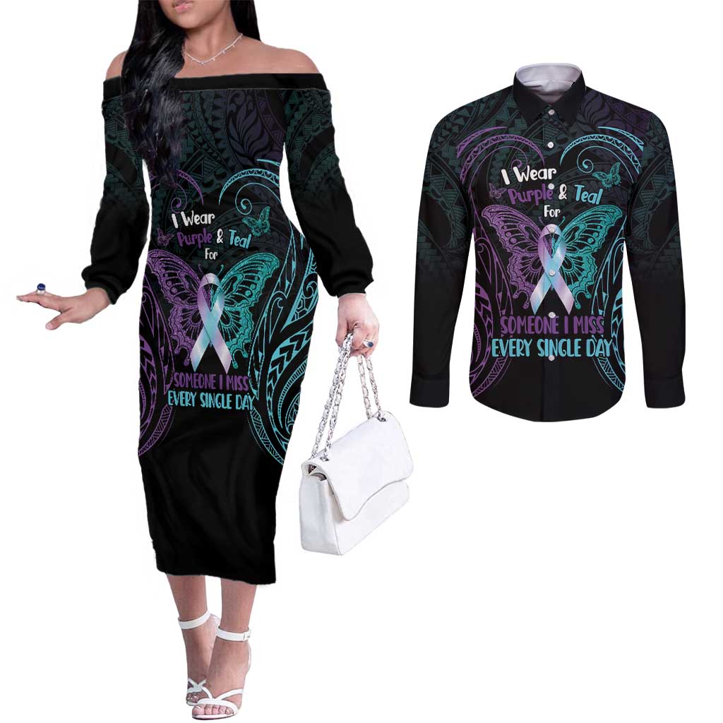 Suicide Awareness Memorial Couples Matching Off The Shoulder Long Sleeve Dress and Long Sleeve Button Shirt I Wear Purple and Teal For Someone I Miss LT14 Black - Polynesian Pride