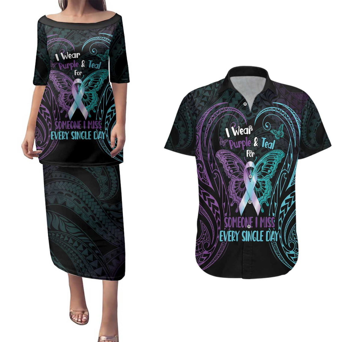 Suicide Awareness Memorial Couples Matching Puletasi and Hawaiian Shirt I Wear Purple and Teal For Someone I Miss LT14 Black - Polynesian Pride