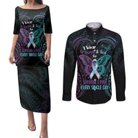 Suicide Awareness Memorial Couples Matching Puletasi and Long Sleeve Button Shirt I Wear Purple and Teal For Someone I Miss LT14 Black - Polynesian Pride