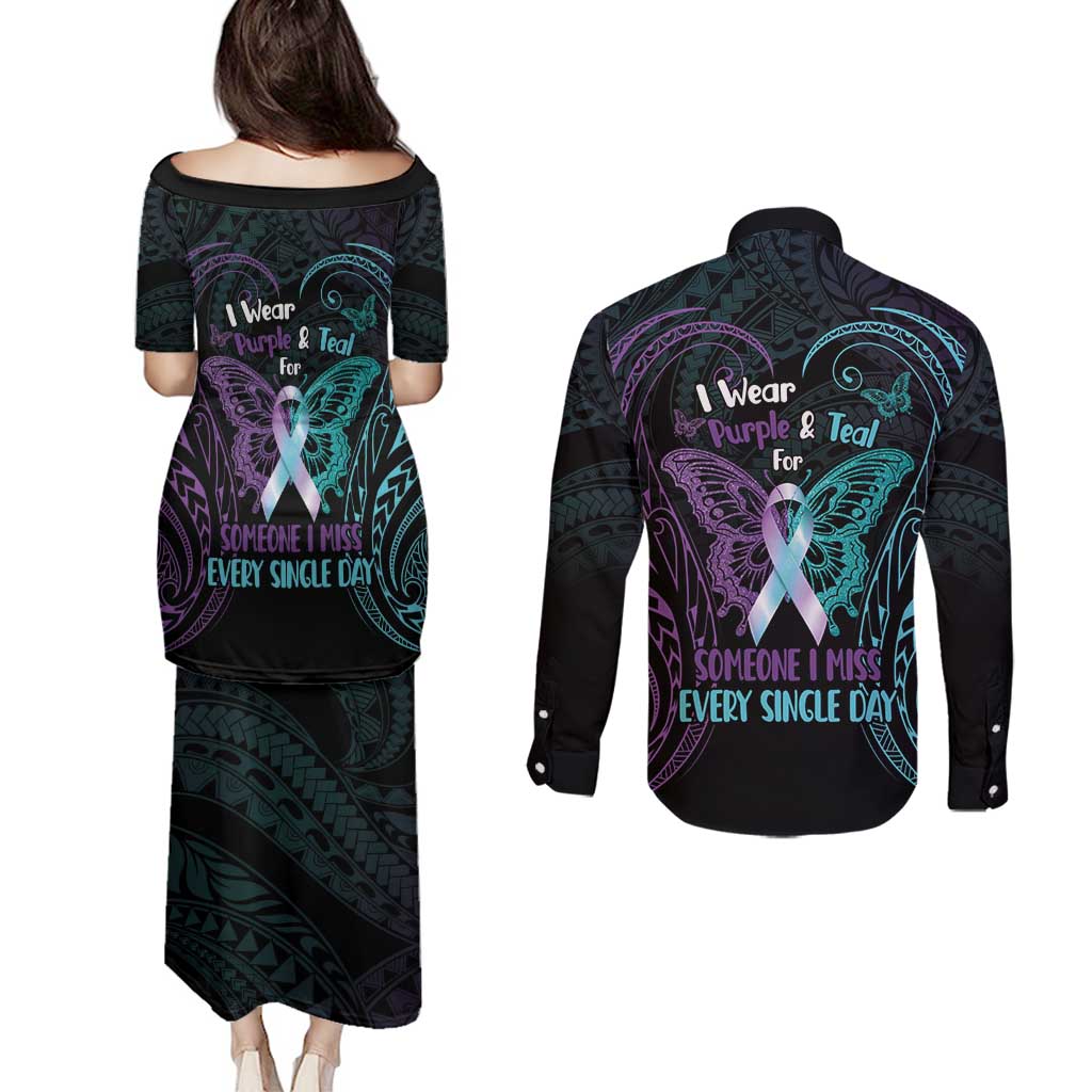 Suicide Awareness Memorial Couples Matching Puletasi and Long Sleeve Button Shirt I Wear Purple and Teal For Someone I Miss LT14 - Polynesian Pride