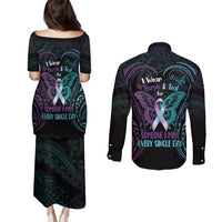 Suicide Awareness Memorial Couples Matching Puletasi and Long Sleeve Button Shirt I Wear Purple and Teal For Someone I Miss LT14 - Polynesian Pride