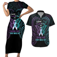 Suicide Awareness Memorial Couples Matching Short Sleeve Bodycon Dress and Hawaiian Shirt I Wear Purple and Teal For Someone I Miss LT14 Black - Polynesian Pride