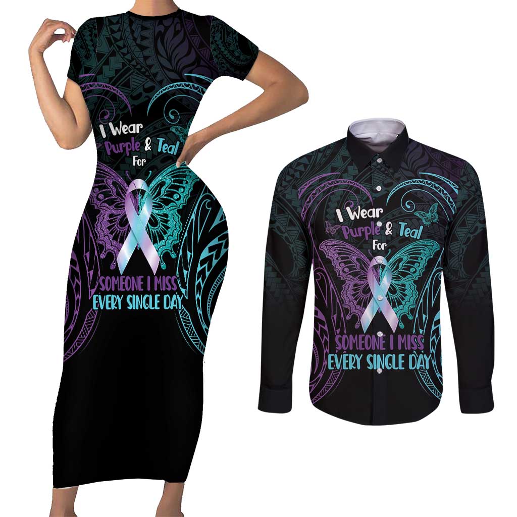 Suicide Awareness Memorial Couples Matching Short Sleeve Bodycon Dress and Long Sleeve Button Shirt I Wear Purple and Teal For Someone I Miss LT14 Black - Polynesian Pride
