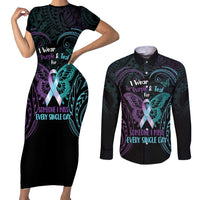 Suicide Awareness Memorial Couples Matching Short Sleeve Bodycon Dress and Long Sleeve Button Shirt I Wear Purple and Teal For Someone I Miss LT14 Black - Polynesian Pride