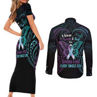 Suicide Awareness Memorial Couples Matching Short Sleeve Bodycon Dress and Long Sleeve Button Shirt I Wear Purple and Teal For Someone I Miss LT14 - Polynesian Pride