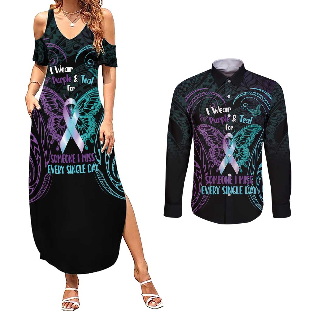 Suicide Awareness Memorial Couples Matching Summer Maxi Dress and Long Sleeve Button Shirt I Wear Purple and Teal For Someone I Miss LT14 Black - Polynesian Pride