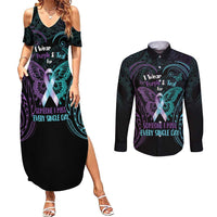 Suicide Awareness Memorial Couples Matching Summer Maxi Dress and Long Sleeve Button Shirt I Wear Purple and Teal For Someone I Miss LT14 Black - Polynesian Pride