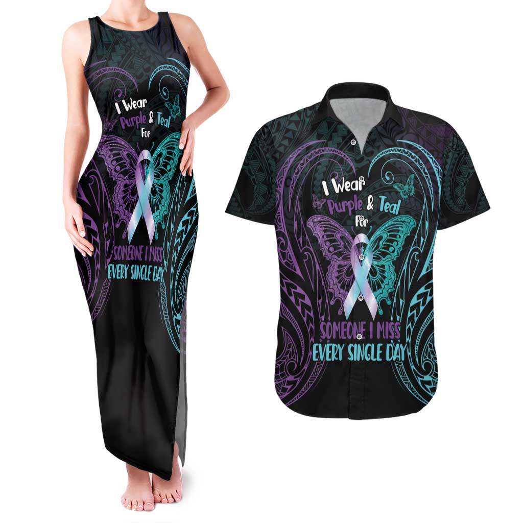 Suicide Awareness Memorial Couples Matching Tank Maxi Dress and Hawaiian Shirt I Wear Purple and Teal For Someone I Miss LT14 Black - Polynesian Pride