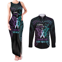 Suicide Awareness Memorial Couples Matching Tank Maxi Dress and Long Sleeve Button Shirt I Wear Purple and Teal For Someone I Miss LT14 Black - Polynesian Pride