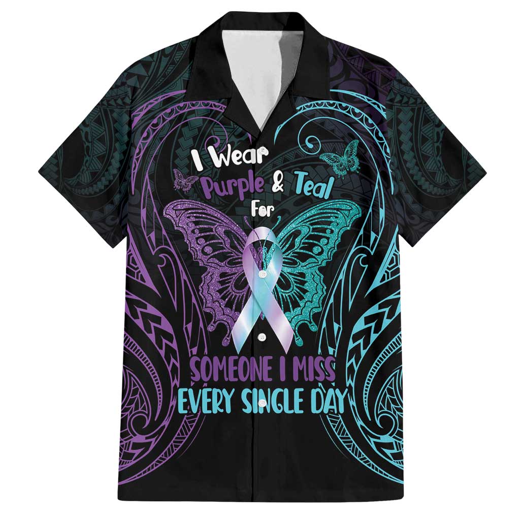 Suicide Awareness Memorial Family Matching Long Sleeve Bodycon Dress and Hawaiian Shirt I Wear Purple and Teal For Someone I Miss LT14 Dad's Shirt - Short Sleeve Black - Polynesian Pride