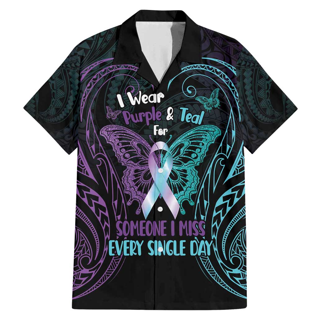 Suicide Awareness Memorial Family Matching Mermaid Dress and Hawaiian Shirt I Wear Purple and Teal For Someone I Miss LT14 Dad's Shirt - Short Sleeve Black - Polynesian Pride