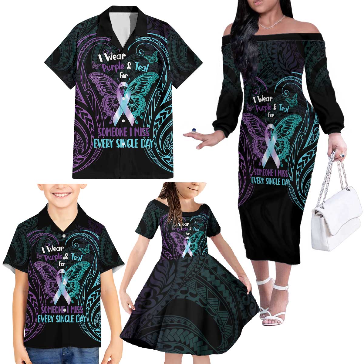 Suicide Awareness Memorial Family Matching Off The Shoulder Long Sleeve Dress and Hawaiian Shirt I Wear Purple and Teal For Someone I Miss LT14 - Polynesian Pride
