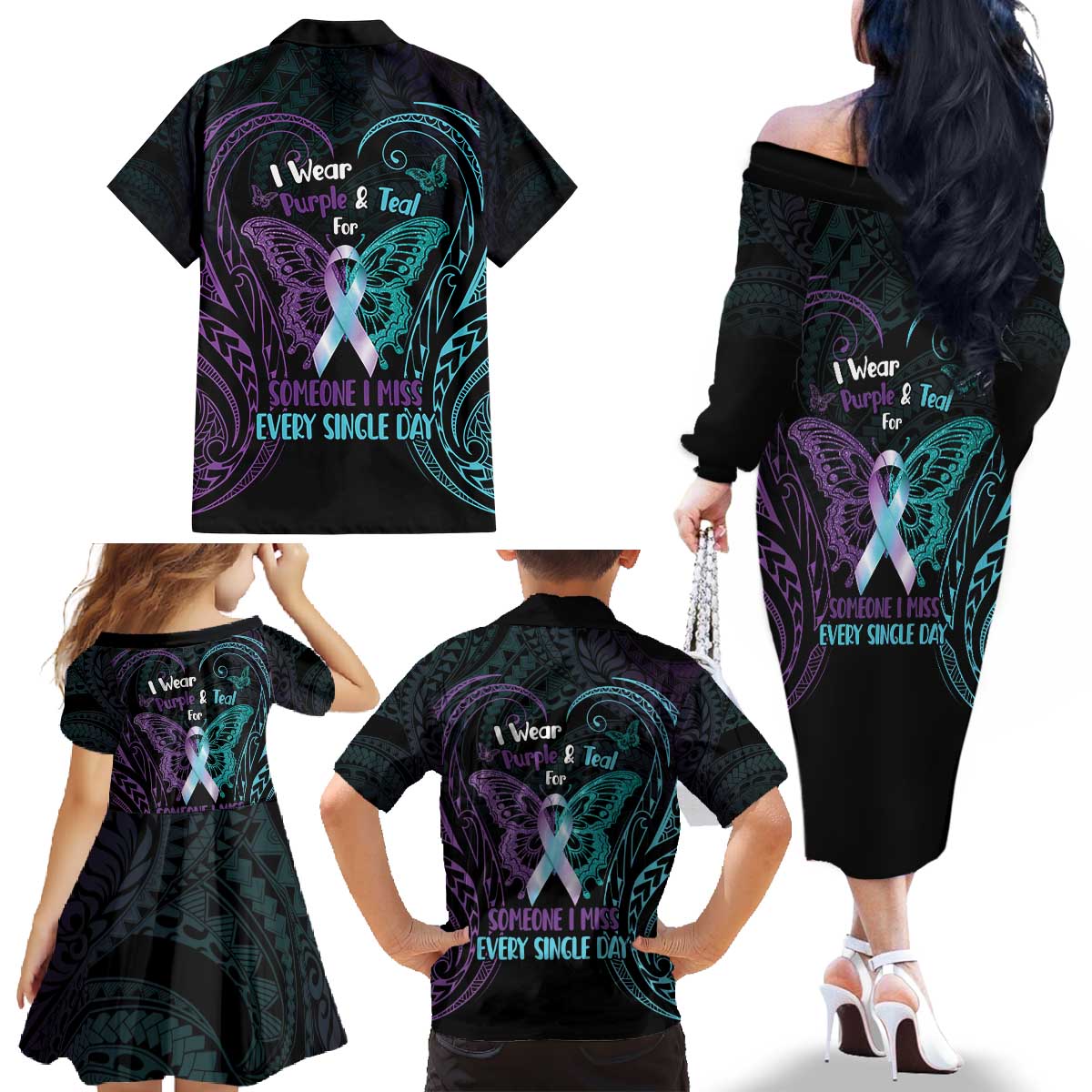 Suicide Awareness Memorial Family Matching Off The Shoulder Long Sleeve Dress and Hawaiian Shirt I Wear Purple and Teal For Someone I Miss LT14 - Polynesian Pride