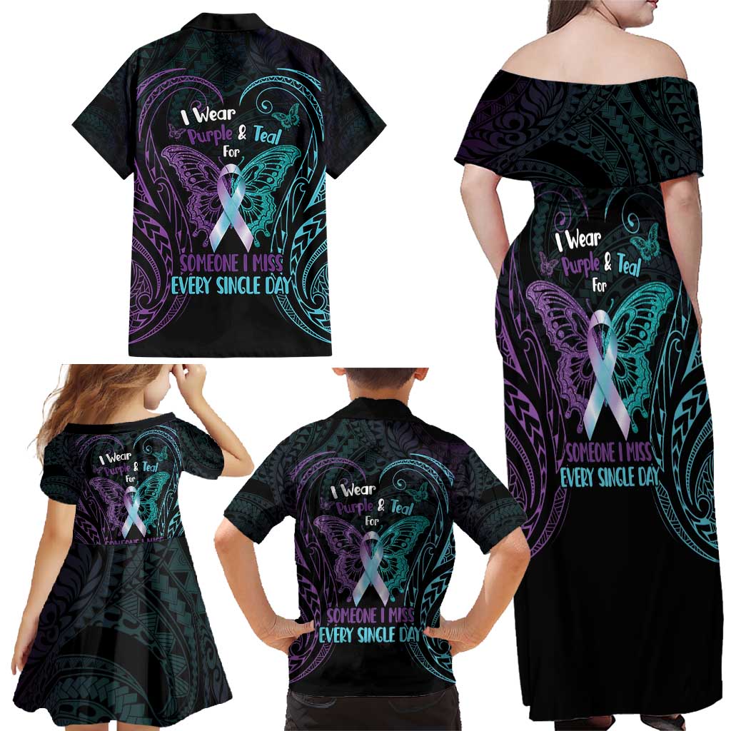 Suicide Awareness Memorial Family Matching Off Shoulder Maxi Dress and Hawaiian Shirt I Wear Purple and Teal For Someone I Miss LT14 - Polynesian Pride