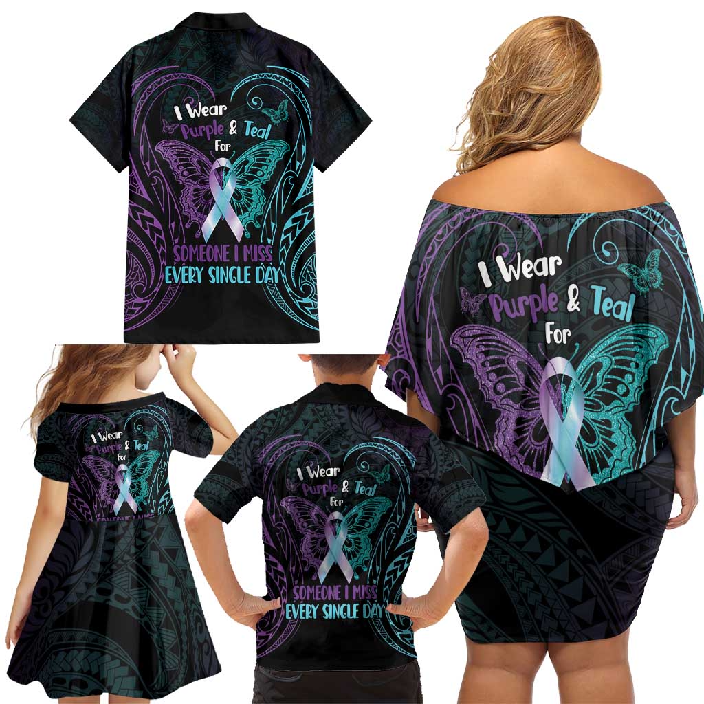 Suicide Awareness Memorial Family Matching Off Shoulder Short Dress and Hawaiian Shirt I Wear Purple and Teal For Someone I Miss LT14 - Polynesian Pride