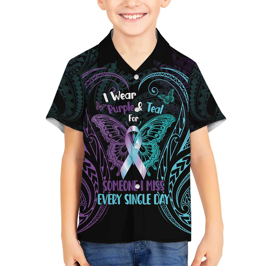 Suicide Awareness Memorial Family Matching Off Shoulder Short Dress and Hawaiian Shirt I Wear Purple and Teal For Someone I Miss LT14 Son's Shirt Black - Polynesian Pride