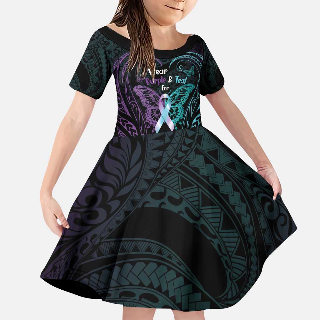 Suicide Awareness Memorial Family Matching Puletasi and Hawaiian Shirt I Wear Purple and Teal For Someone I Miss LT14 Daughter's Dress Black - Polynesian Pride