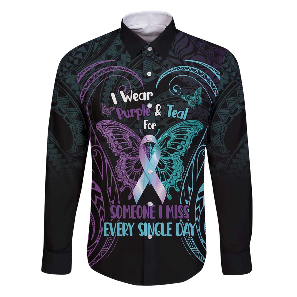 Suicide Awareness Memorial Family Matching Puletasi and Hawaiian Shirt I Wear Purple and Teal For Someone I Miss LT14 Dad's Shirt - Long Sleeve Black - Polynesian Pride