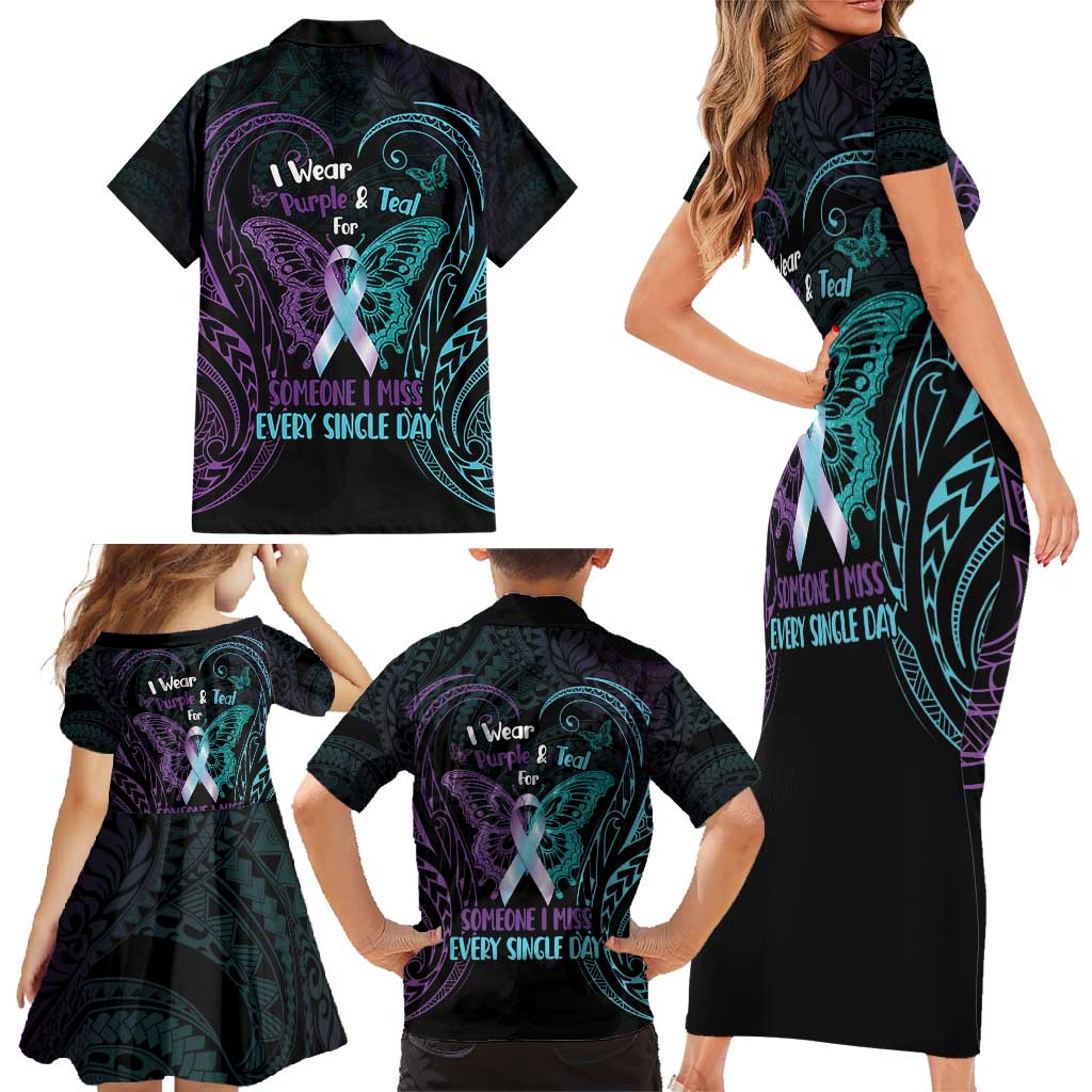 Suicide Awareness Memorial Family Matching Short Sleeve Bodycon Dress and Hawaiian Shirt I Wear Purple and Teal For Someone I Miss LT14 - Polynesian Pride
