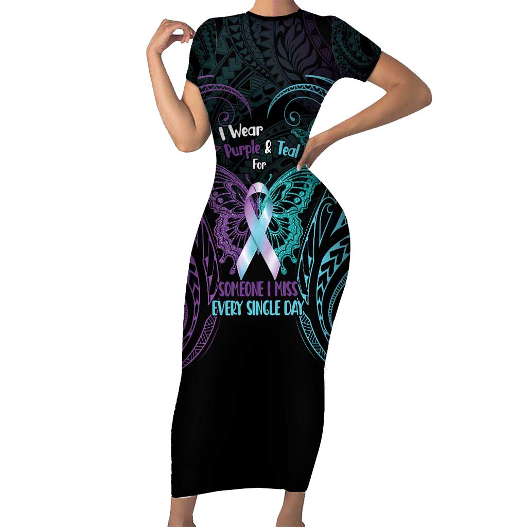 Suicide Awareness Memorial Family Matching Short Sleeve Bodycon Dress and Hawaiian Shirt I Wear Purple and Teal For Someone I Miss LT14 Mom's Dress Black - Polynesian Pride